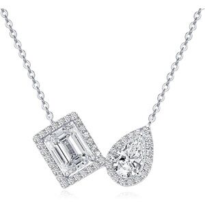 Platinum Toi et Moi Diamond Necklace Pear and Emerald Cut with Halos
